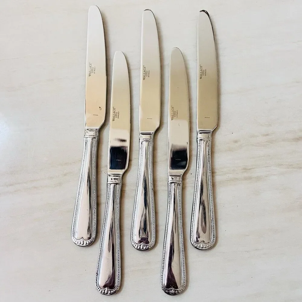 5pc WALLACE Newcastle Dinner Knife 9 1/2” Stainless Glossy Bead Outline RoundTip